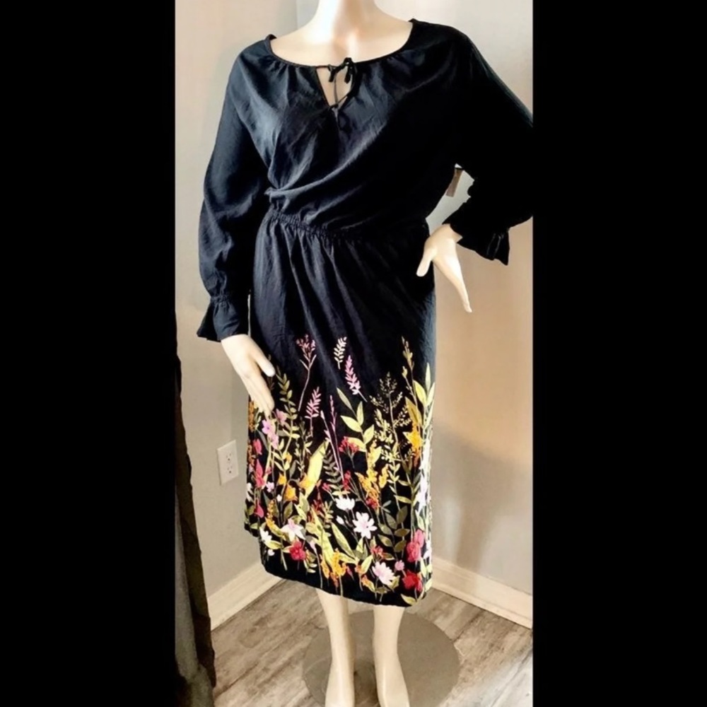 NEW 3x 22w Olive Green Red Gold Wildflower Peasant Sleeve Boho Black Dress